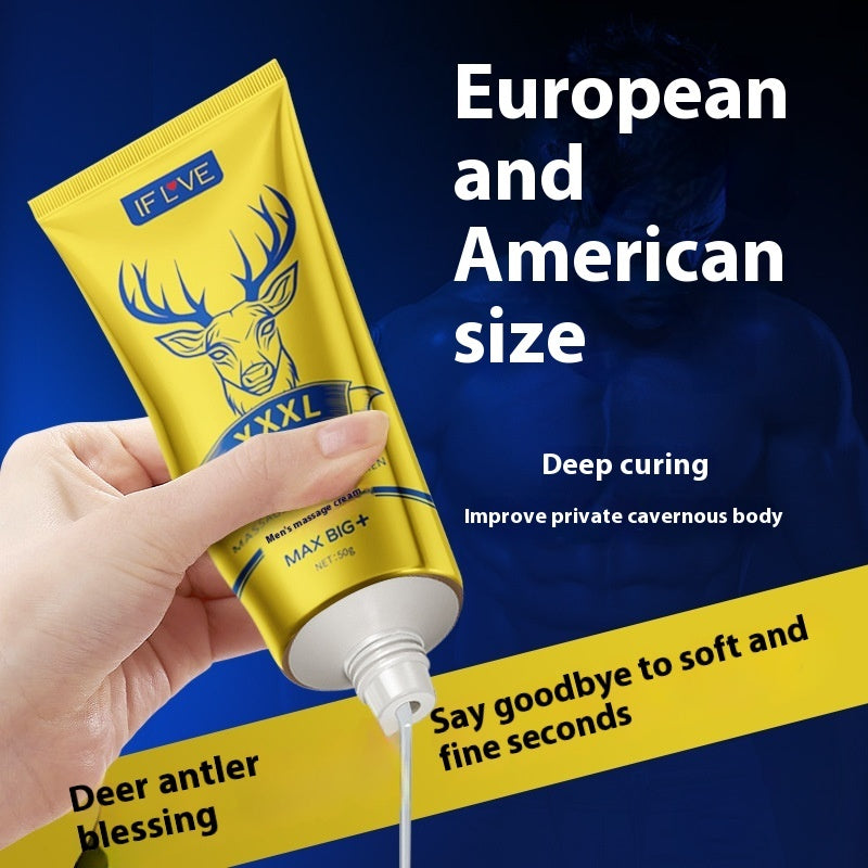 Men's massage cream with deer antler extract in yellow packaging, designed for full body massage and internal repair.