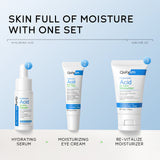 Hyaluronic Acid Three-piece Skin Care Set including serum, moisturizer, and eye cream for hydrating and repairing dry sensitive skin.