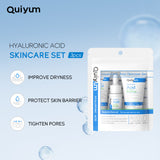 Hyaluronic Acid Three-piece Skin Care Set including serum, moisturizer, and eye cream for hydrating and repairing dry sensitive skin.