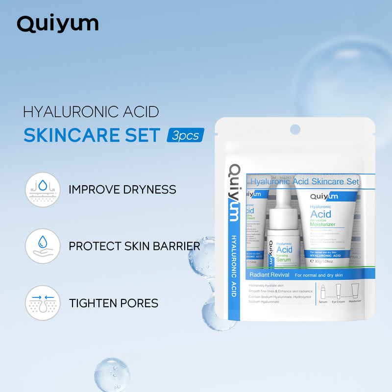 Hyaluronic Acid Three-piece Skin Care Set including serum, moisturizer, and eye cream for hydrating and repairing dry sensitive skin.